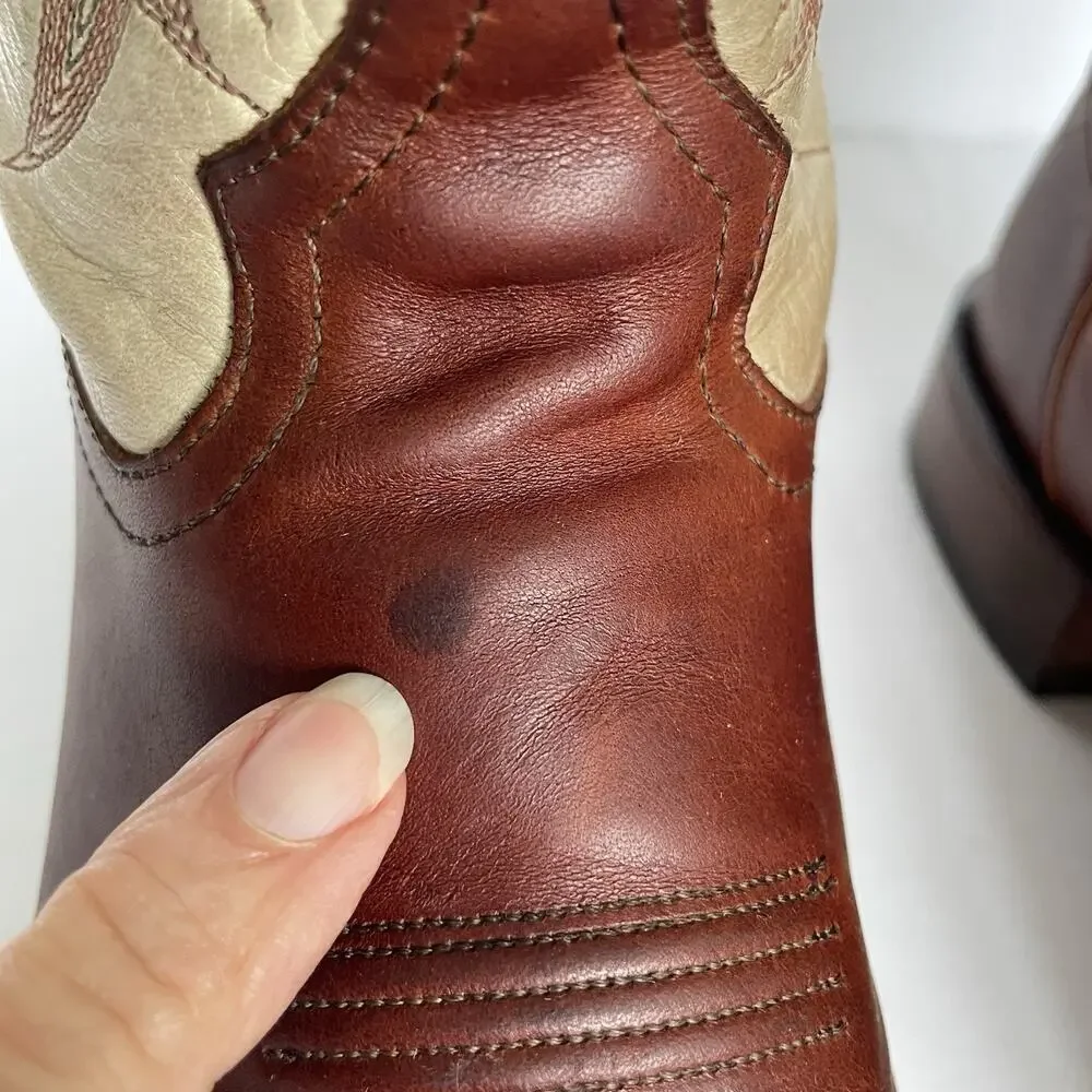 Vintage Tony Lama Roper Cowboy Boots Men’s 8.5 D Brown & Cream Leather USA Made
